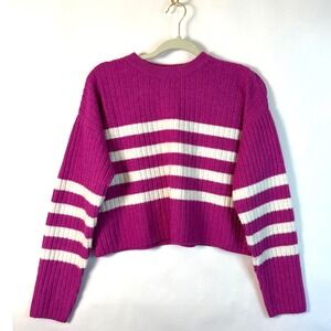 NWT- Pink Rose Magenta Striped Ribbed Knit Cropped Crewneck Sweater Womens Sz-M